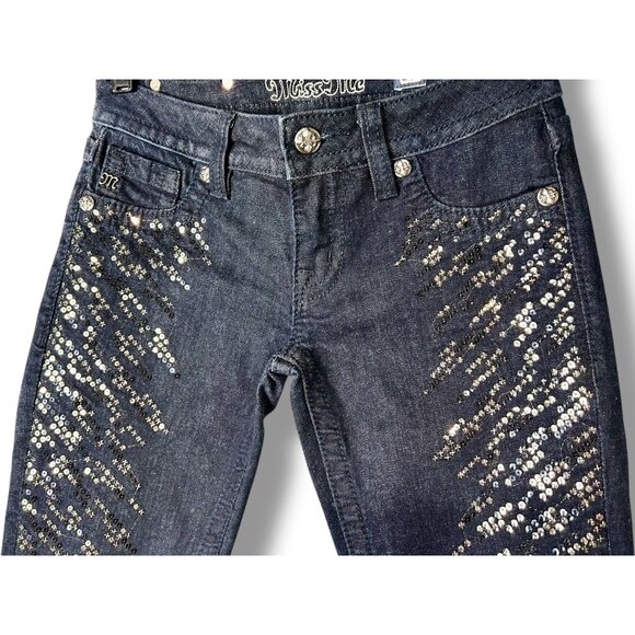 Miss Me Skinny Sequin Sparkle Jeans Dark Wash Low Rise - Picture 3 of 8